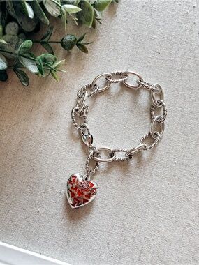 Brighton Silver Heart Pendant Charm Bracelet Red Enamel